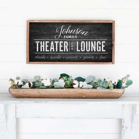 Personalized Theater and Lounge Sign — Grey Wood Wood Textured Background Print on Canvas